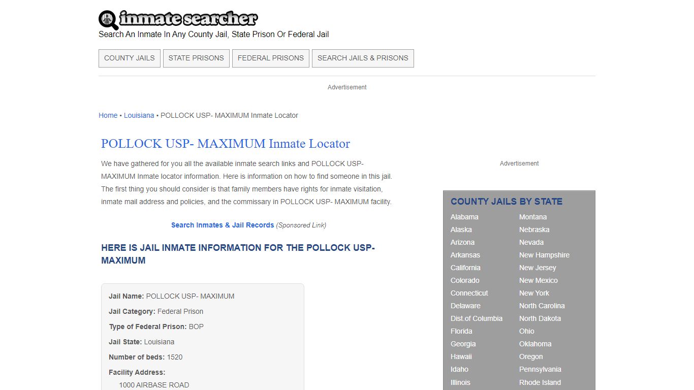 POLLOCK USP- MAXIMUM Inmate Locator - Inmate Searcher