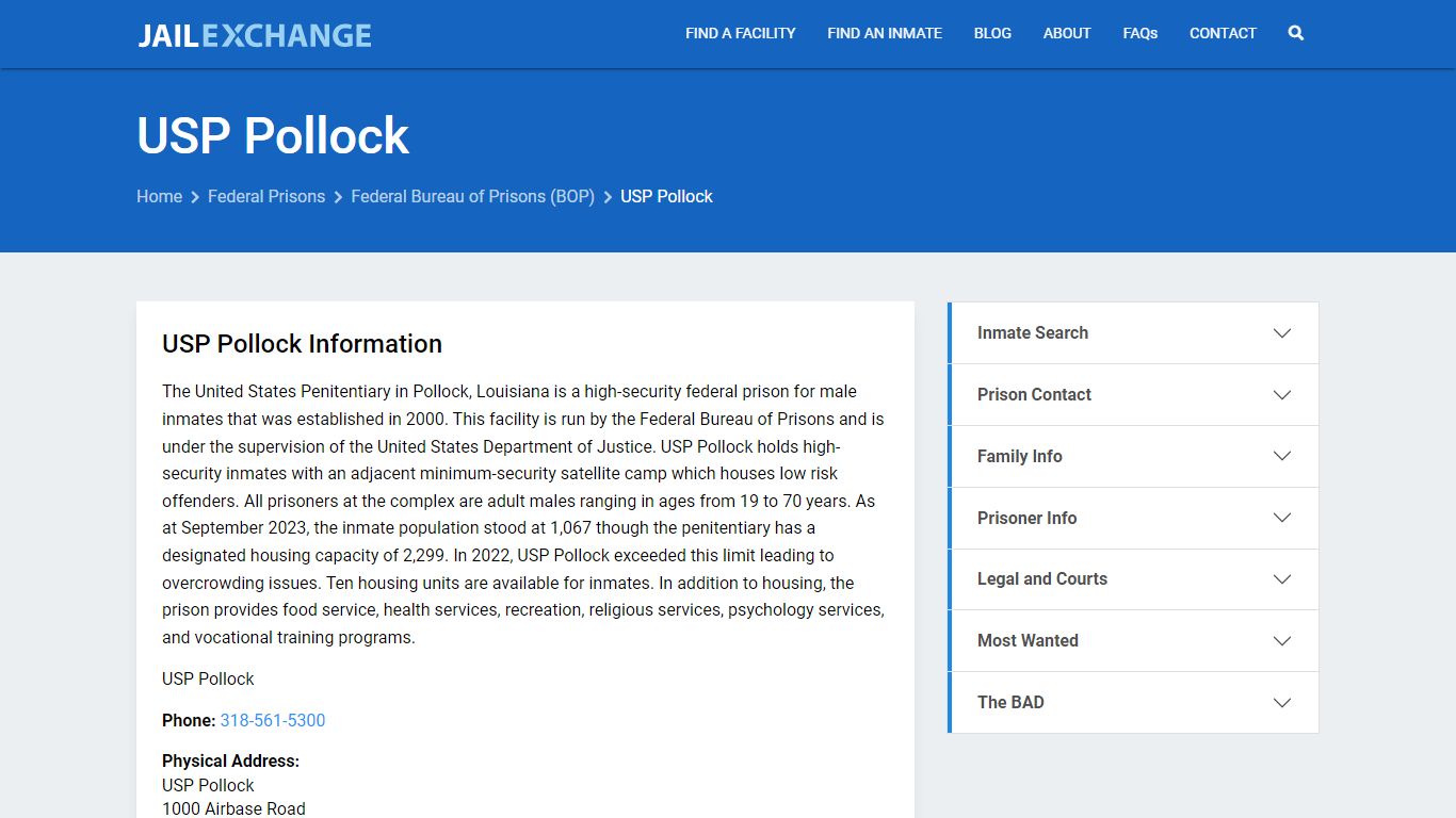 Federal Inmate Search - USP Pollock - Jail Exchange